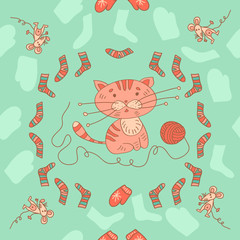 Stylish seamless texture with doodled cartoon kitten and mousy i
