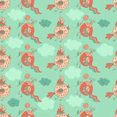 Stylish seamless texture with doodled cartoon birds in pink and