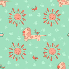 Stylish seamless texture with doodled cartoon dogs in pink and b