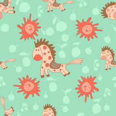 Stylish seamless texture with doodled  spotted  horses and sun