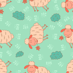 Stylish seamless texture with doodled cartoon sheep in pink and