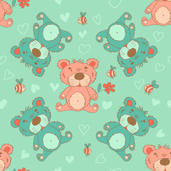 Stylish seamless texture with doodled cartoon  bear in pink and
