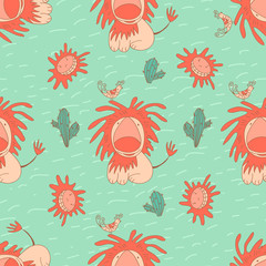 Stylish seamless texture with doodled cartoon  lion in pink and