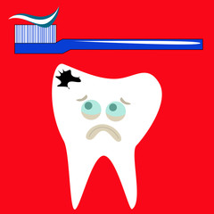 Sick and sad tooth with crack and protecting toothpaste.
