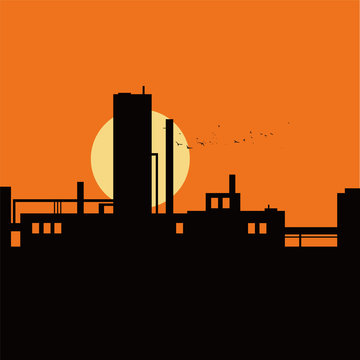 Sunset over Lower factory,Vector Illustration.