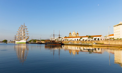 The historic Colombian Tall Ship and old pirate ship moored at the port of Cartagena. Ship and...