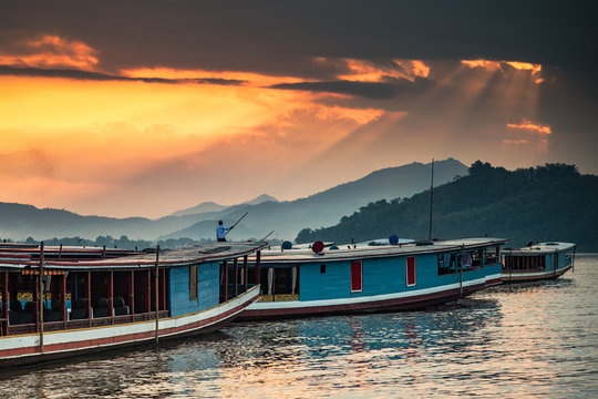 Tour boats in Mekong river, Luang Prabang, Laos