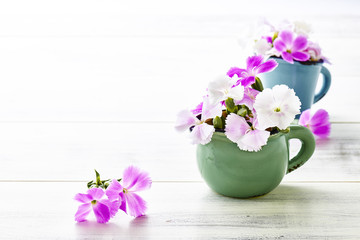 Nadeshiko. Small flowers on the wooden table.