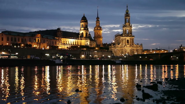 Dresden skyline from side of Elbe river in the evening, Germany
