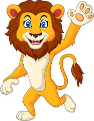 Naklejka premium Cartoon funny lion waving hand 