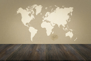 Sand texture surface with Wood terrace and world map