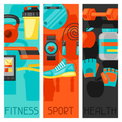 Sports and healthy lifestyle banners with fitness icons. Image can be used on advertising booklets, banners, flayers