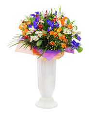 Bouquet of roses, iris, alstroemeria, nerine and other flowers.