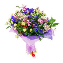 Bouquet of nerine, iris, alstroemeria, roses and other flowers.