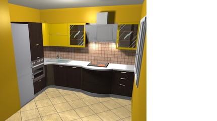3d illustration of modern style kitchen interior yellow brown color