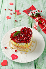Layered salad from vegetables on the holiday table. Wedding day.