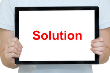 woman  hands holding a tablet with solution