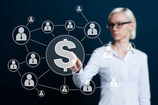 Business woman pushing button with dollar