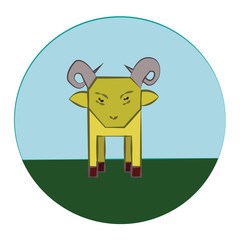 Yellow Sheep with Horns standing in the green meadow. Livestock Farm Animal in the Countryside. Round Vector Icon. Digital kids book illustration.
