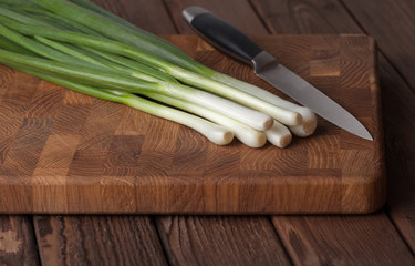 Green onion chives on chopping board