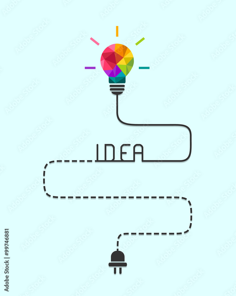 Poster route to idea and challenge concept with colourful lightbulb and dash line wire