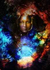 Goodnes woman and lion  and bird in space with galaxi and stars. profile portrait, eye contact.