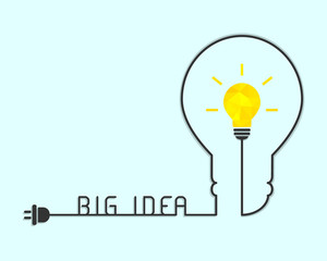 Big idea concept with bright lightbulb and wire making a lightbulb shape. Vector illustration.