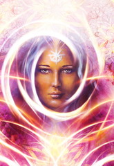 Beautiful Painting Goddess Woman with ornamental mandala and color abstract background  and desert crackle..