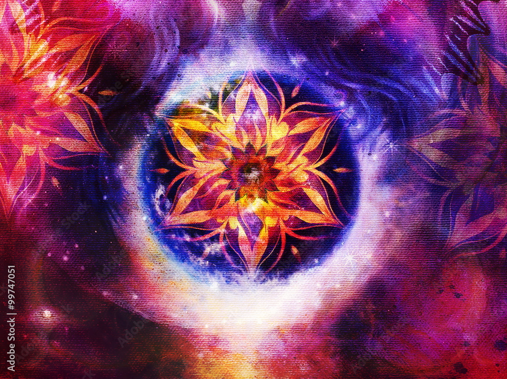 Poster oriental ornamental mandala and Earth. color abstract background with desert crackle.