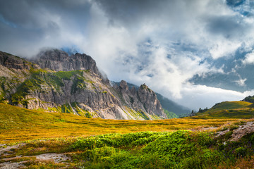 Foggy summer scene in the National Park Tre Cime De Lavaredo