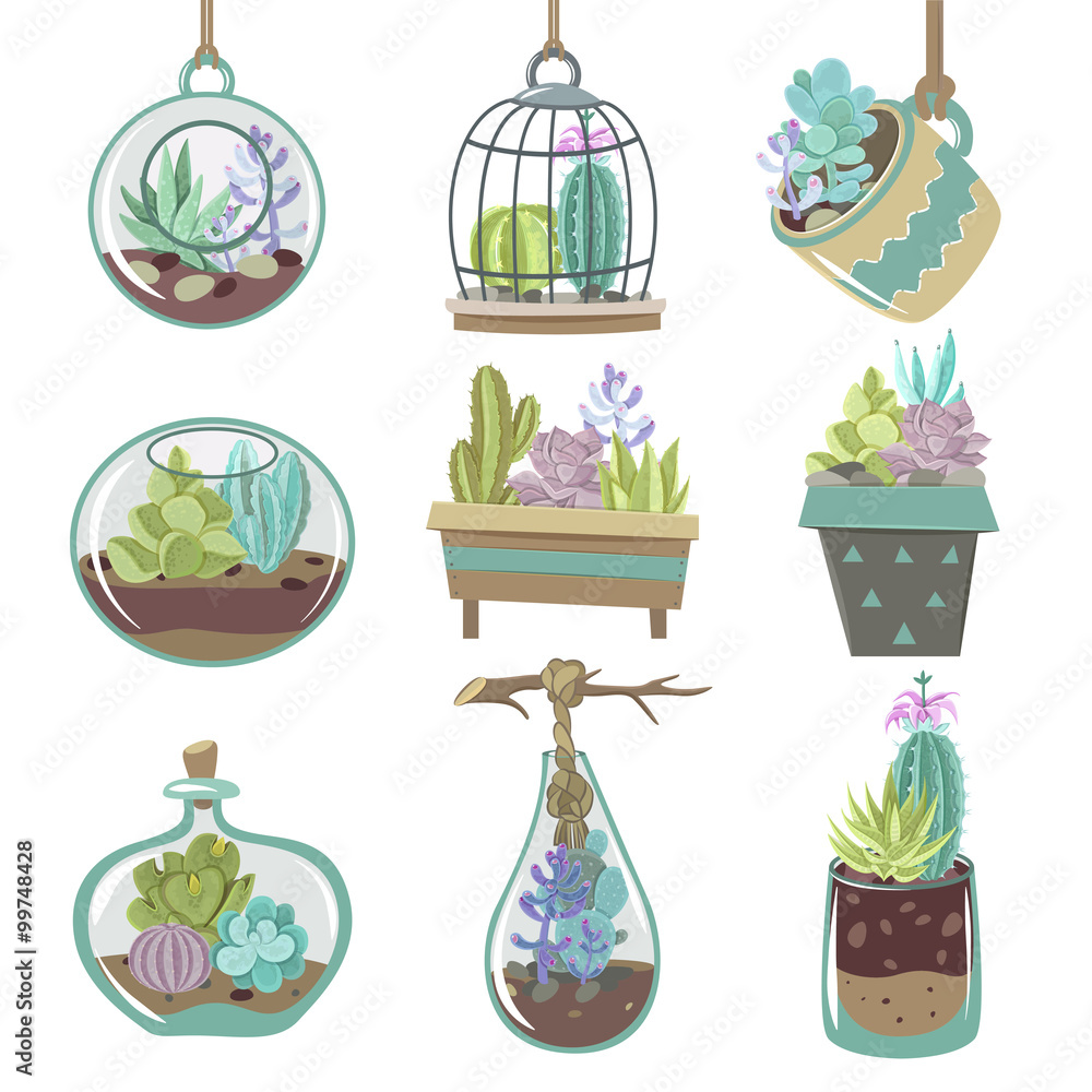 Sticker succulents icons set