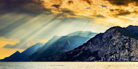 Panorama of Garda Lake at dramatic sunset, Lago di Garda Italy