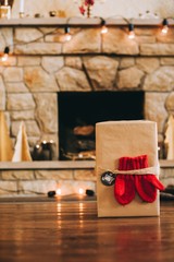 Fireplace with beautiful Christmas decorations in comfortable li