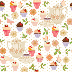 Seamless pattern with teapots, cups, cupcakes, flowers and butterflies.