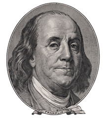 Benjamin Franklin face on us one hundred dollar bill macro isolated, united states money closeup - obrazy, fototapety, plakaty