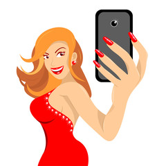 woman in red dress makes self on white background