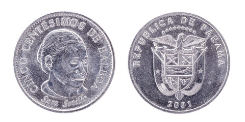 5 Centesimo. Balboa Republic of Panama. 2001. Sara Sotillo. Both sides isolated on white background.