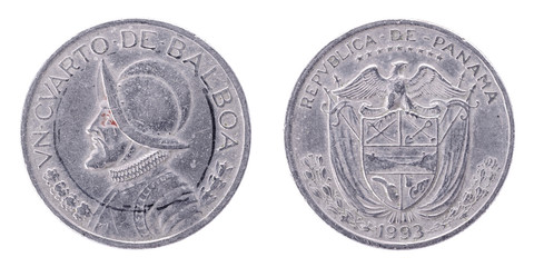 1993 VN CVARTO DE BALBOA Republic of Panama Quarter. Both sides isolated on white background.