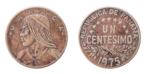 Panama 1 Centesimo Bronze Coin, 1975 URRACA. Both sides isolated on white background.
