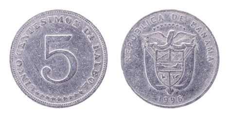 5 Centesimos de Balboa Republic of Panama. 1996. Both sides isolated on white background.