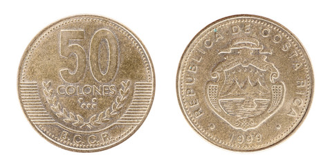 50 Colones REPUBLICA DE COSTA RICA. 1999. AMERICA CENTRAL. Both sides isolated on white background.