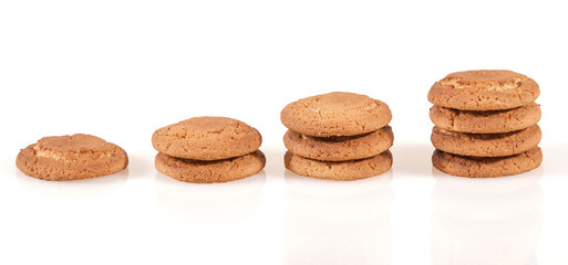 Four step of liner increase by oatmeal cookie on white backgroun