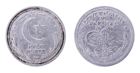 1948 Pakistan Half Rupee. Coin. GOVERNMENT OF PAKISTAN. Both sides isolated on white background.