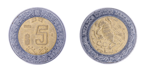 1999. 5 Peso. Estados Unidos Mexicanos. Mexican Coin. Both sides isolated on white background.