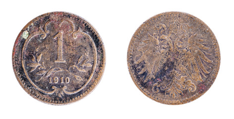 1910 AUSTRIA - HUNGARY EMPIRE 1 HELLER COIN. Both sides isolated on white background.