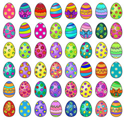 Illustration of forty eight easter eggs on a white background.