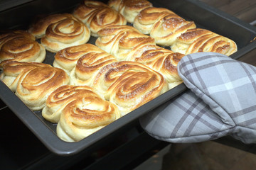 Hostess open oven door and takes the finished crunchy cakes holding tray with oven mitt. Side view closeup