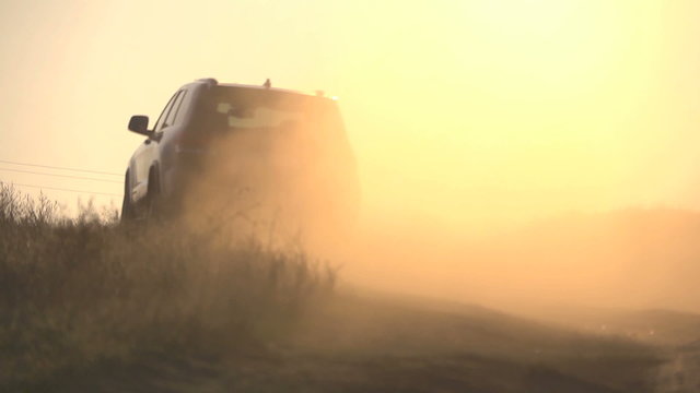 The car leaves at sunset