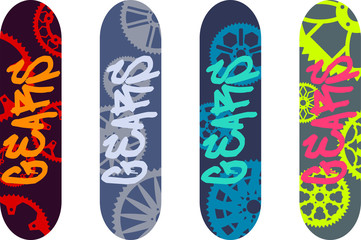 Vector skateboard design pack with graffiti tags and bike gears