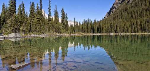 scenic mountain lake and reflections in still water 